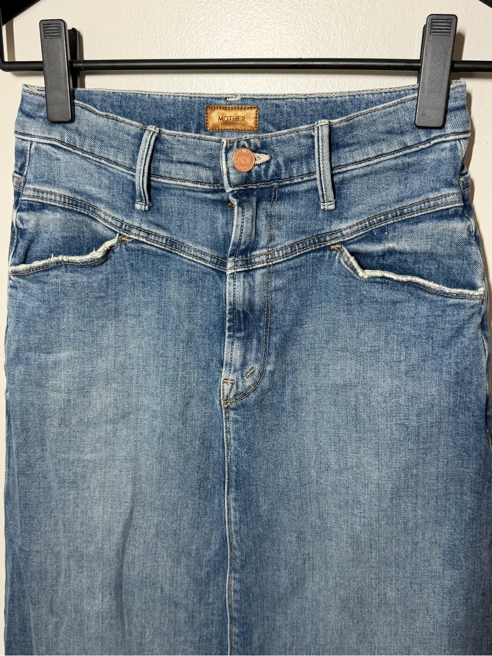 Mother Yoke Front Circle Maxi Skirt Denim Sz 25 Minimalist Closet Staple Blue